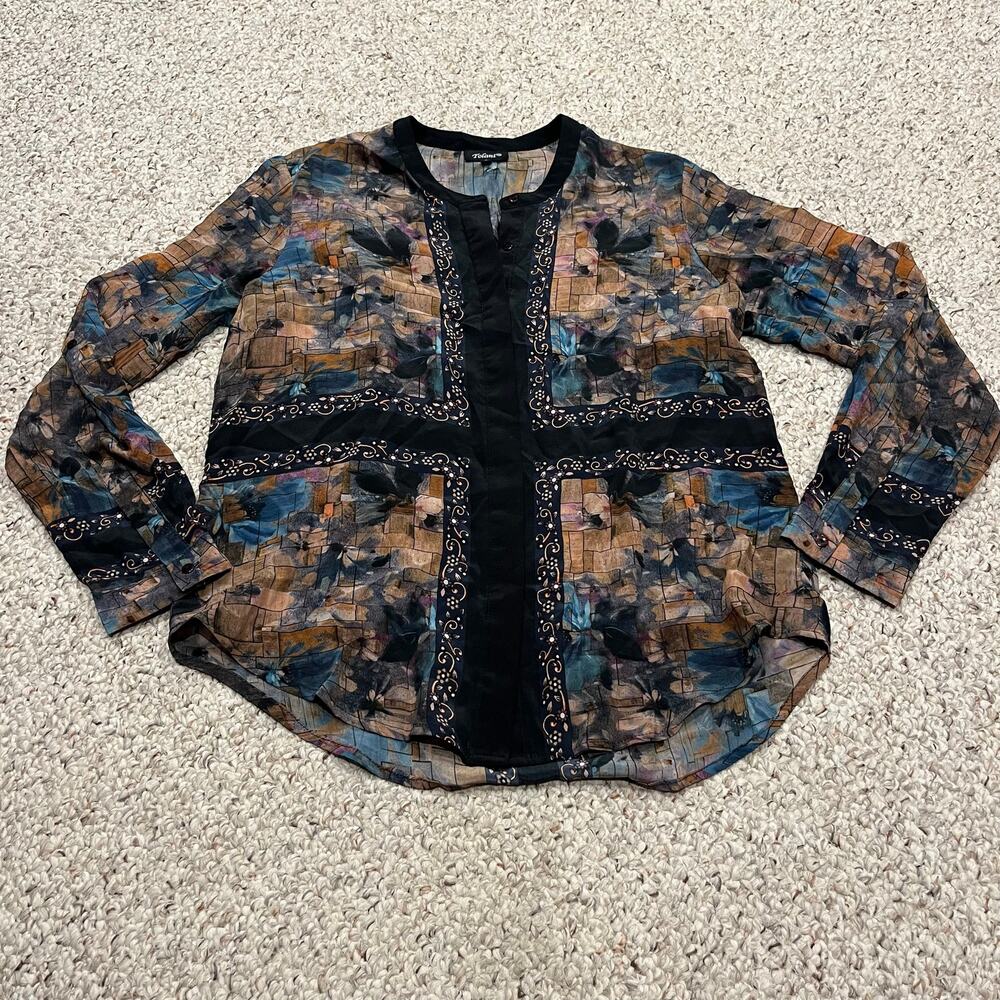 Tolani Silk Floral Button Down Long Sleeve Shirt S Artsy Art to Wear Boho Casual